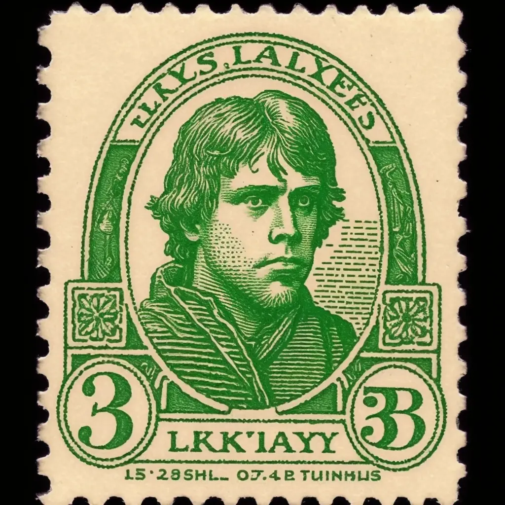 vintage United States Postage Stamp, 3 cent stamp, Luke Skywalker, green ink, line engraving, intaglio